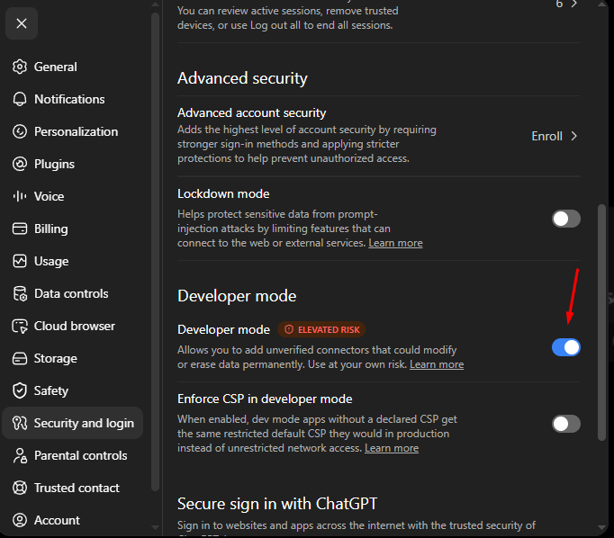 Developer mode toggle under Advanced security in ChatGPT settings
