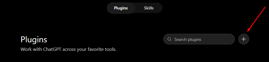 The Plugins page in ChatGPT with the plus button highlighted