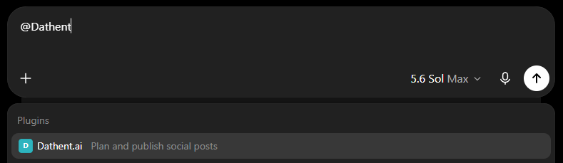 Typing @Dathent in the ChatGPT message box shows Dathent.ai in the plugin list